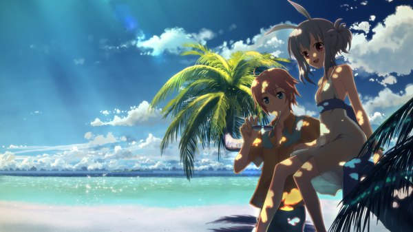 Anime picture 3840x2160 with dj max suee yuuki tatsuya highres short hair open mouth blue eyes blonde hair red eyes wide image sitting animal ears absurdres sky cloud (clouds) white hair aqua eyes grey hair beach sunglasses removed