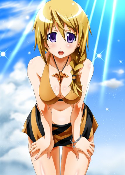 Anime picture 1036x1450 with infinite stratos 8bit charles dunois sumeragi tomo single long hair tall image open mouth light erotic blonde hair purple eyes cleavage braid (braids) sunlight single braid girl swimsuit bikini pendant