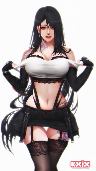 Anime picture 1406x2500 with final fantasy final fantasy vii square enix tifa lockhart k19 single long hair tall image looking at viewer fringe breasts light erotic black hair simple background red eyes large breasts standing bare shoulders zettai ryouiki lipstick
