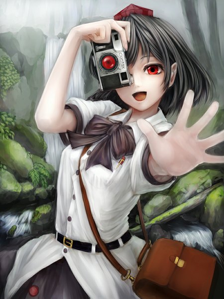 Anime picture 800x1066 with touhou shameimaru aya nishi masakazu single tall image short hair open mouth black hair red eyes :d pointy ears arms up outstretched arm nature waterfall girl dress plant (plants) hat shirt