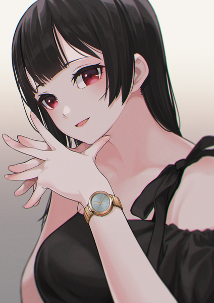Anime picture 900x1272 with original deca purio single long hair tall image looking at viewer blush fringe open mouth black hair simple background smile red eyes payot upper body blunt bangs head tilt grey background hands clasped girl