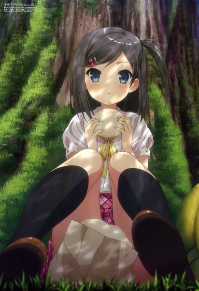 Anime picture 4092x5949 with hentai ouji to warawanai neko j.c. staff megami magazine tsutsukakushi tsukiko tall image blush highres short hair blue eyes black hair absurdres official art one side up girl uniform school uniform socks black socks