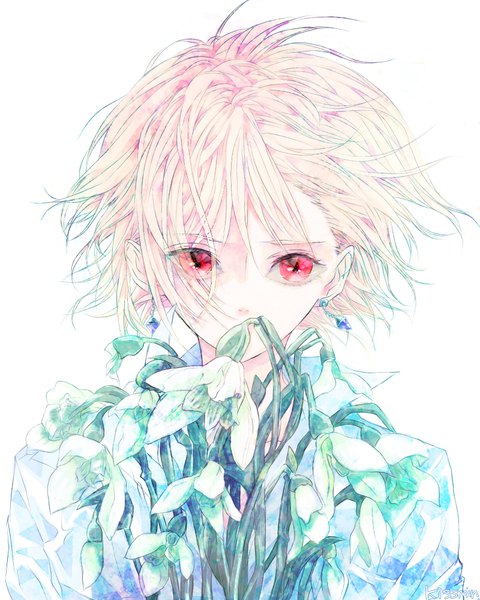 Anime picture 800x1000 with hunter x hunter kurapica kissmin single tall image looking at viewer short hair simple background blonde hair red eyes white background upper body boy flower (flowers) bouquet