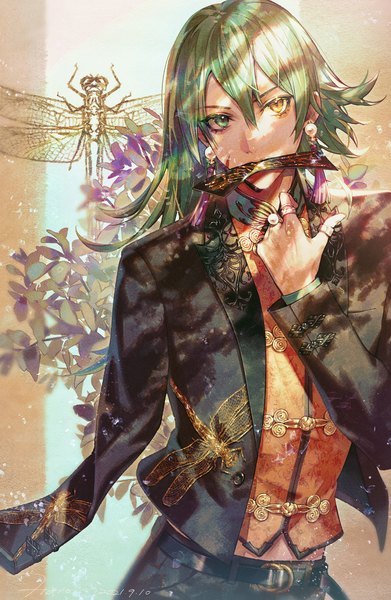 Anime picture 1109x1700 with original hato (dovecot) single long hair tall image looking at viewer fringe hair between eyes holding upper body traditional clothes green hair heterochromia mouth hold dated chinese clothes amputee boy earrings belt