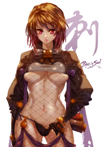 Anime picture 1800x2475 with blade & soul waterring single tall image looking at viewer highres short hair breasts light erotic simple background red eyes brown hair large breasts white background fishnet girl navel underwear panties