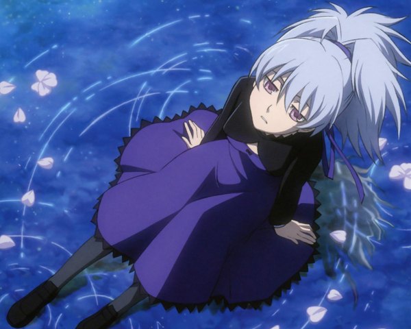Anime picture 1280x1024 with darker than black studio bones yin (darker than black) sitting purple eyes white hair ponytail dress petals water