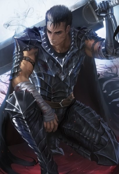 Anime picture 2737x4000 with berserk guts sakimichan single tall image looking at viewer fringe highres short hair black hair holding one eye closed multicolored hair arm up black eyes realistic two-tone hair scar smoke squat