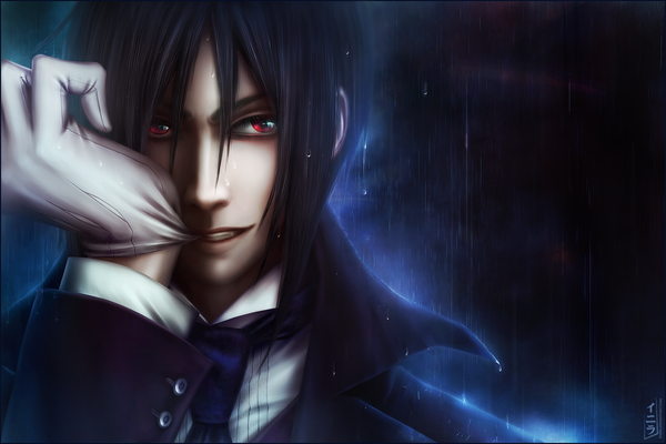 Anime picture 1800x1200 with kuroshitsuji a-1 pictures sebastian michaelis inira single long hair highres black hair smile red eyes holding cloud (clouds) realistic night wet night sky mouth hold rain boy gloves