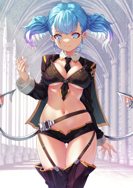 Anime picture 2894x4094 with original yoko-ya manjirou single tall image looking at viewer fringe highres short hair breasts blue eyes light erotic large breasts standing twintails blue hair tail long sleeves nail polish arm up fingernails