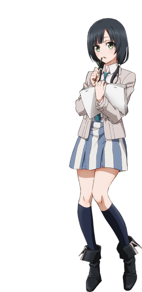 Anime picture 440x906 with shirobako p.a. works yasuhara ema single long hair tall image blush fringe black hair twintails green eyes full body parted lips official art striped transparent background girl skirt socks boots