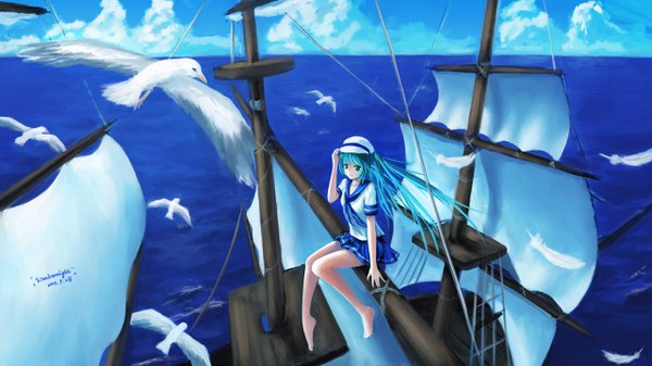 Anime picture 2560x1440 with vocaloid hatsune miku sombernight single long hair looking at viewer fringe highres smile wide image twintails pleated skirt barefoot wind aqua hair bare legs legs horizon girl skirt