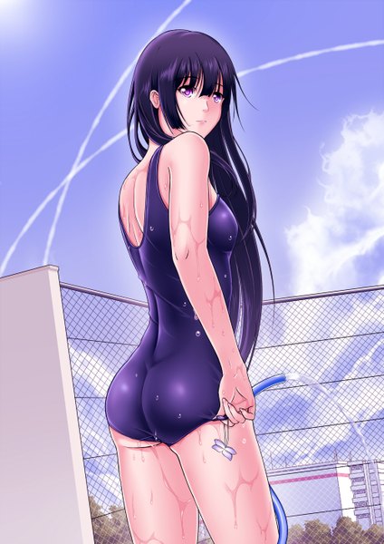 Anime picture 1000x1414 with sankarea studio deen sanka rea tipyhoho single long hair tall image light erotic purple eyes purple hair girl swimsuit one-piece swimsuit school swimsuit