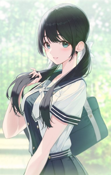 Anime picture 2605x4096 with original peulopi single long hair tall image looking at viewer blush fringe highres breasts blue eyes black hair smile standing twintails payot outdoors parted lips pleated skirt short sleeves
