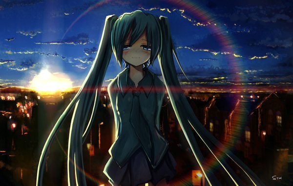 Anime picture 1600x1019 with vocaloid hatsune miku stk (artist) single long hair blush blue eyes twintails sky cloud (clouds) green hair city evening sunset scenic girl necktie