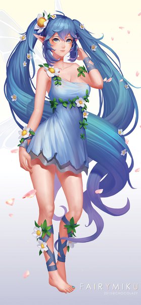 Anime picture 1000x2146 with vocaloid hatsune miku chocolazy single tall image looking at viewer blue eyes twintails blue hair very long hair barefoot hair flower pointy ears bare legs girl dress flower (flowers) petals