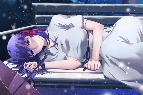 Anime-Bild 2000x1333 mit fate (series) fate/stay night matou sakura 5354062347 single long hair looking at viewer fringe highres breasts hair between eyes large breasts purple eyes purple hair outdoors lying night puffy sleeves on side snowing