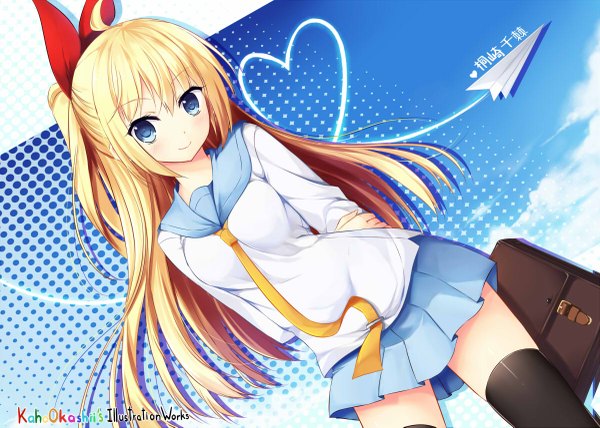 Anime picture 1200x857 with nisekoi shaft (studio) kirisaki chitoge kaho okashii single long hair looking at viewer blue eyes blonde hair smile zettai ryouiki half updo heart of string girl thighhighs skirt uniform bow black thighhighs hair bow