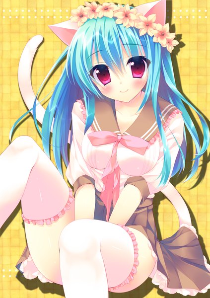 Anime picture 800x1134 with original amanagi seiji single long hair tall image looking at viewer blush smile red eyes animal ears blue hair tail animal tail cat ears cat girl cat tail girl thighhighs uniform flower (flowers)
