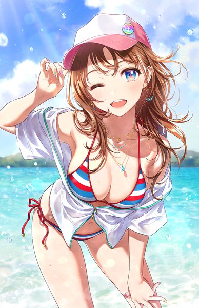 Anime picture 1240x1920 with original visions morikura en single long hair tall image looking at viewer blush fringe breasts open mouth blue eyes light erotic smile brown hair large breasts standing signed sky cleavage