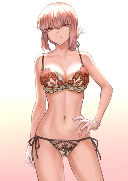 Anime picture 2894x4093 with fate (series) fate/grand order florence nightingale (fate) mashuu (neko no oyashiro) single tall image looking at viewer fringe highres short hair breasts light erotic simple background hair between eyes red eyes standing payot pink hair cleavage braid (braids)