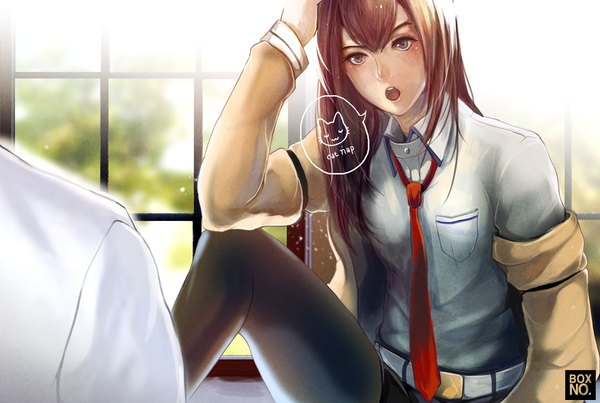 Anime picture 1000x673 with steins;gate white fox makise kurisu boxno long hair fringe open mouth brown hair sitting purple eyes bent knee (knees) indoors hand on head girl shirt pantyhose necktie shorts belt window