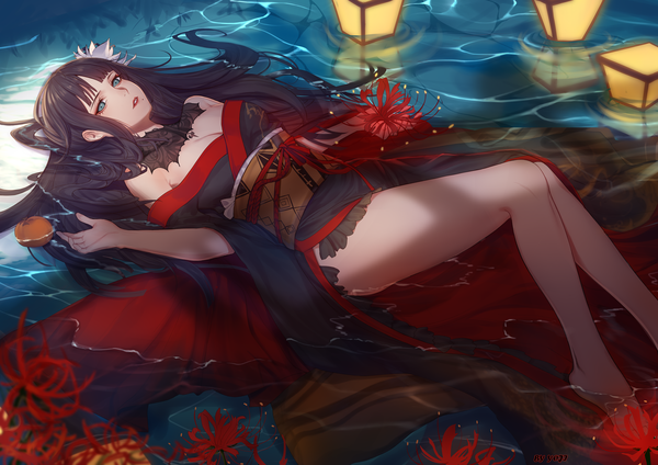 Anime picture 2300x1626 with final fantasy final fantasy xiv square enix yotsuyu (ff14) yotsuyu single long hair looking at viewer fringe highres breasts blue eyes light erotic black hair bare shoulders signed cleavage bent knee (knees) lying blunt bangs