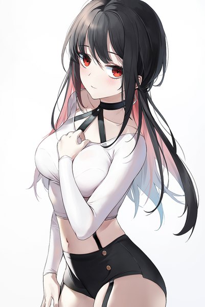 Anime picture 1000x1495 with original emyo single long hair tall image looking at viewer blush fringe breasts black hair simple background hair between eyes red eyes standing white background payot long sleeves multicolored hair light smile two-tone hair