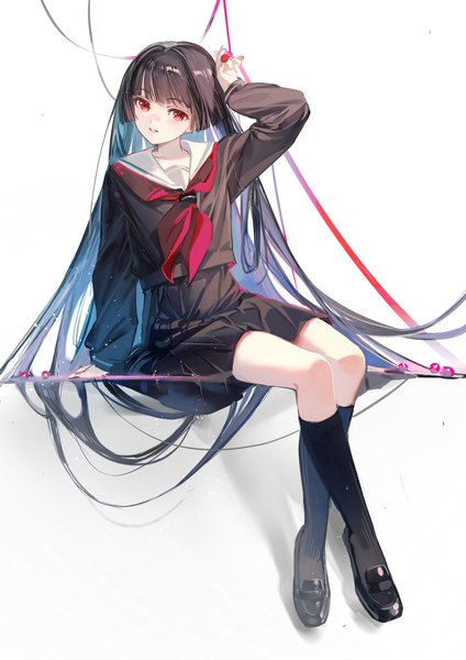 Anime picture 2480x3508 with hell girl studio deen enma ai rumoon single tall image looking at viewer highres black hair simple background red eyes sitting full body very long hair pleated skirt arm up arm support crossed legs hime cut girl