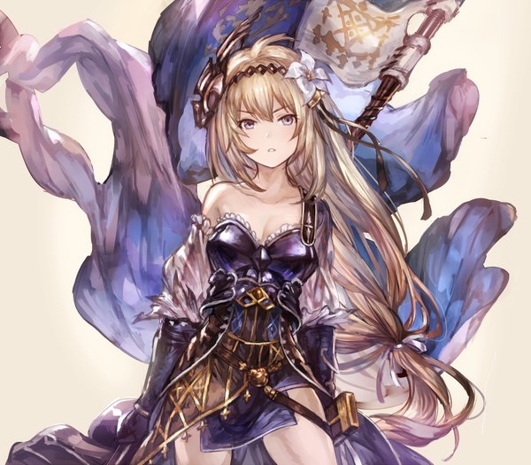Anime picture 800x701 with granblue fantasy jeanne d'arc (granblue fantasy) shigaraki (strobe blue) single long hair blush fringe blonde hair simple background standing purple eyes bare shoulders holding looking away cleavage ahoge tail parted lips hair flower wind