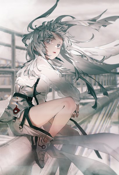 Anime picture 2150x3152 with original rolua single long hair tall image fringe highres sitting payot sky full body bent knee (knees) outdoors long sleeves nail polish wind grey hair blurry grey eyes depth of field