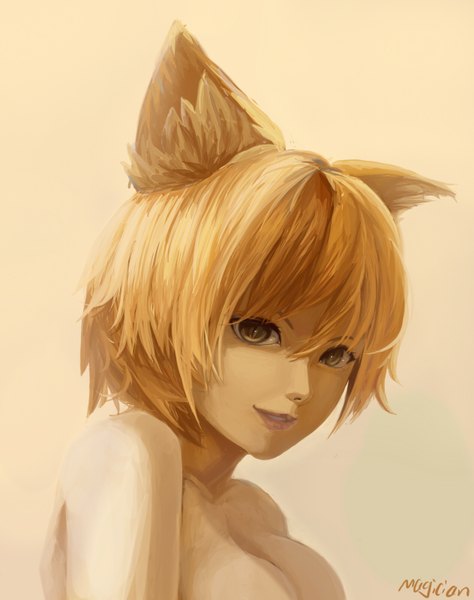 Anime picture 1264x1600 with touhou yakumo ran magician (china) single tall image fringe short hair breasts light erotic blonde hair smile green eyes signed animal ears fox ears topless yellow background shirtless girl