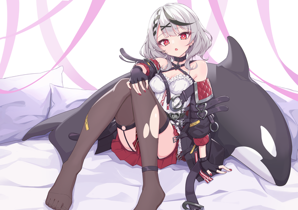 Anime picture 7016x4961 with virtual youtuber hololive sakamata chloe sakamata chloe (1st costume) quarterlift single highres short hair open mouth light erotic red eyes absurdres silver hair nail polish arm support :o no shoes hand on knee convenient leg girl