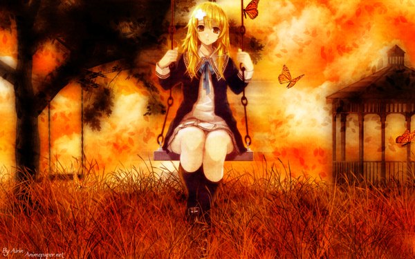 Anime picture 1440x900 with air gear toei animation sumeragi kururu misaki kurehito long hair wide image sitting orange hair orange eyes uniform plant (plants) school uniform tree (trees) socks insect black socks butterfly grass swing