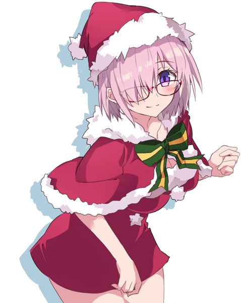 Anime picture 781x980 with fate (series) fate/grand order mash kyrielight tsuedzu single tall image looking at viewer blush fringe short hair breasts simple background smile standing white background purple eyes pink hair hair over one eye shadow leaning