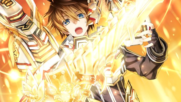 Anime picture 1280x720 with fairy fencer f fang (fairy fencer f) tsunako single short hair open mouth blue eyes brown hair wide image game cg looking down boy gloves uniform weapon sword fingerless gloves