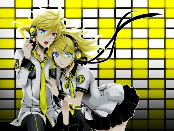 イラスト 1600x1200 と ボーカロイド 鏡音リン 鏡音レン 金髪 couple オッドアイ 女の子 ヘッドフォン