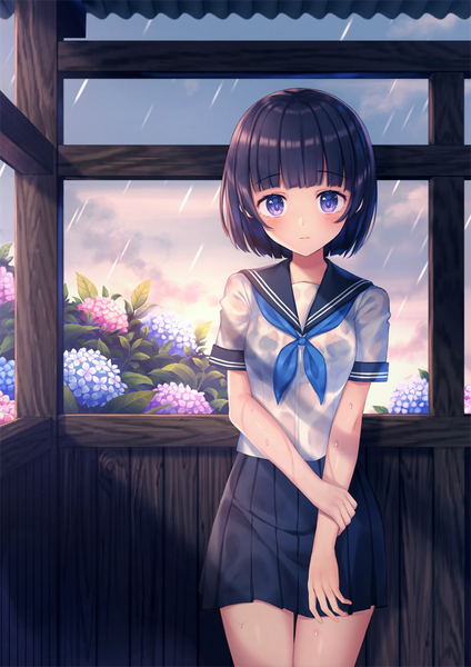Anime picture 707x1000 with original kawami nami single tall image looking at viewer blush fringe short hair breasts light erotic black hair standing purple eyes sky cloud (clouds) outdoors blunt bangs pleated skirt wet thigh gap