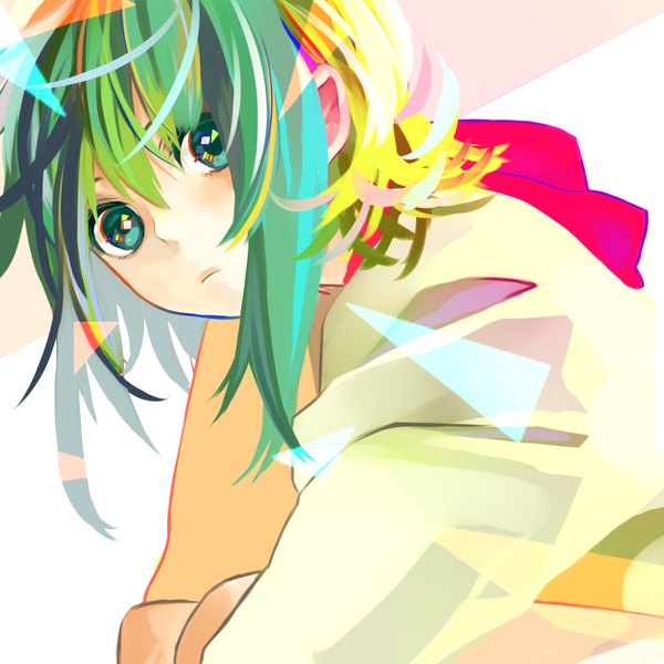 Anime picture 1024x1024 with vocaloid gumi kuronyanko single looking at viewer short hair simple background sitting green eyes green hair girl sweater