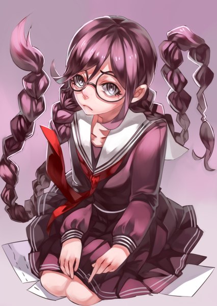 Anime picture 1240x1748 with dangan ronpa fukawa touko liulu single long hair tall image looking at viewer purple hair braid (braids) silver eyes girl skirt uniform school uniform glasses serafuku paper