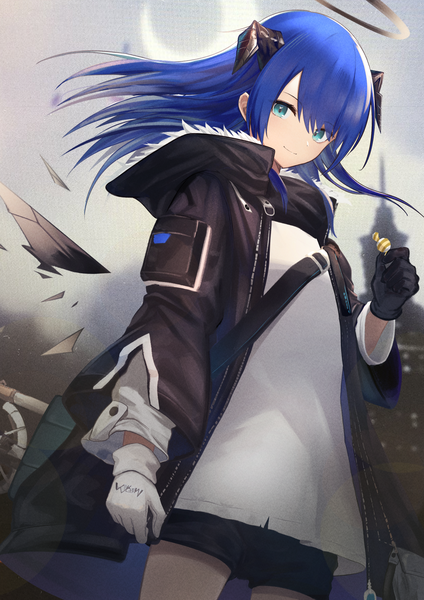 Anime picture 1654x2339 with arknights mostima (arknights) nokke o single long hair tall image looking at viewer fringe smile hair between eyes standing holding blue hair horn (horns) aqua eyes open jacket girl gloves food jacket