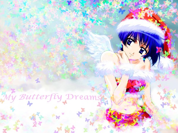 Anime picture 1280x960 with ai yori aoshi j.c. staff sakuraba aoi fumizuki kou single looking at viewer short hair blue eyes smile sitting blue hair head tilt fur trim christmas third-party edit white wings girl hat wings fur