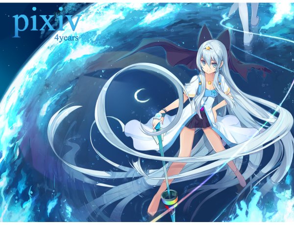 Anime picture 1200x923 with original pixiv pixiv-tan aki (mare desiderii) single long hair blue eyes blue hair inscription hand on hip space girl staff planet