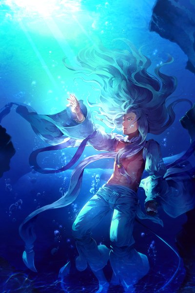 Anime picture 1200x1800 with el shaddai enoch sunakumo single long hair tall image blue eyes blue hair sunlight outstretched arm topless underwater boy water bracelet scarf pants bubble (bubbles)