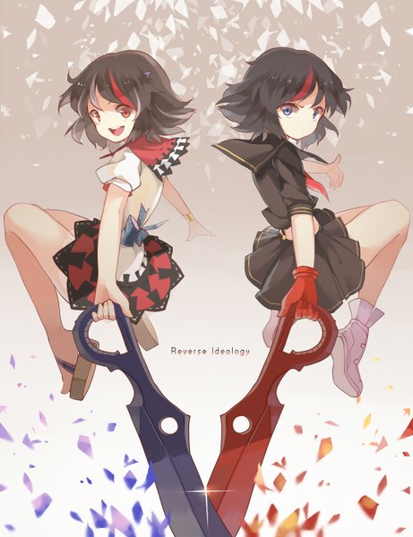Anime picture 1100x1430 with kill la kill touhou studio trigger matoi ryuuko kijin seija hillly (maiwetea) tall image looking at viewer short hair open mouth blue eyes black hair smile red eyes multiple girls full body red hair multicolored hair two-tone hair streaked hair
