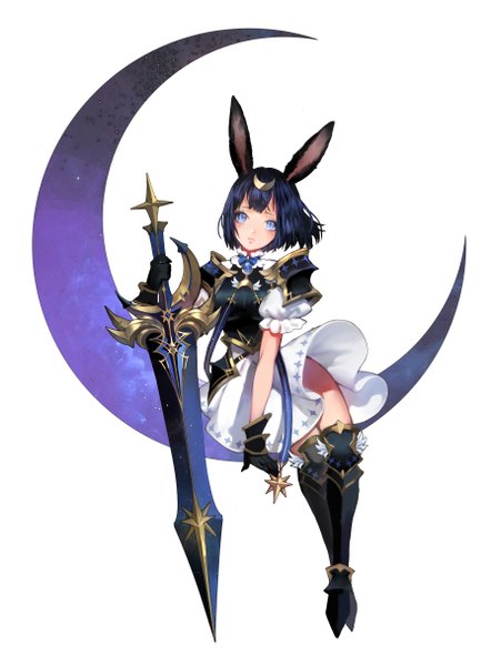 Anime picture 1791x2430 with original majo single tall image looking at viewer fringe highres short hair blue eyes simple background white background animal ears blue hair full body short sleeves bunny ears puffy sleeves crescent girl dress