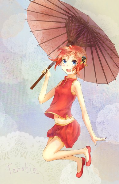 Anime picture 2515x3882 with gintama sunrise (studio) kagura (gintama) tagme (artist) single tall image blush highres short hair open mouth blue eyes smile red hair traditional clothes inscription chinese clothes jumping girl shirt shorts