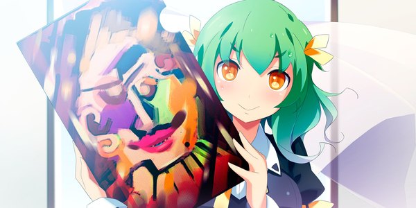 Anime picture 2400x1200 with kaminoyu (game) long hair highres smile wide image game cg green hair orange eyes girl picture