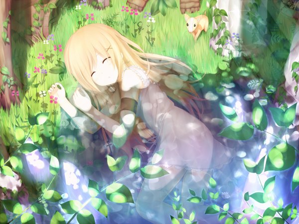 Anime picture 2000x1500 with original wataru (zazazazazazawa) long hair highres blonde hair lying eyes closed sleeping girl flower (flowers) plant (plants) animal leaf (leaves) grass sundress