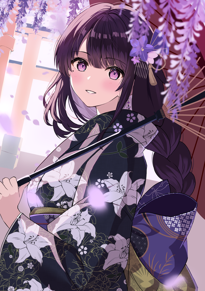 Anime picture 2894x4093 with genshin impact raiden shogun rererere mon single long hair tall image looking at viewer blush fringe highres black hair smile purple eyes upper body blunt bangs braid (braids) traditional clothes japanese clothes mole mole under eye