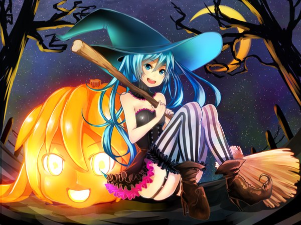 Anime picture 2000x1500 with vocaloid hatsune miku noboes single long hair highres open mouth blue eyes light erotic blue hair pantyshot pantyshot sitting halloween witch girl thighhighs dress underwear panties plant (plants)